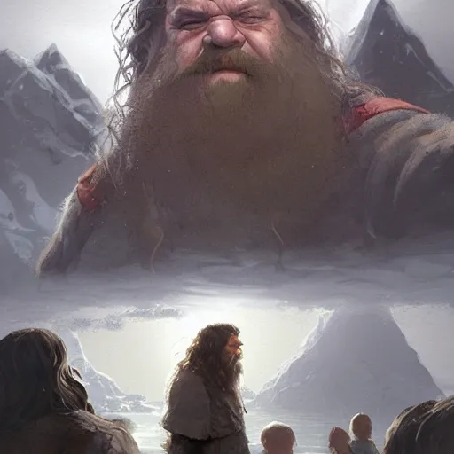 Prompt: gimli meets hagrid, dwarf, giant, character design, greg rutkowski