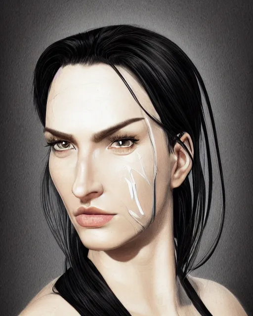 Image similar to portrait of a tall 4 0 - year - old woman with thin lips, heavy - lidded eyes, a strong jaw and long, thick shining black hair, thick eyebrows and long eyelashes, wearing in black clothes, hyper realistic face, beautiful eyes, character art, art by mark brooks, hyperdetailed, cryengine, trending on artstation, digital art