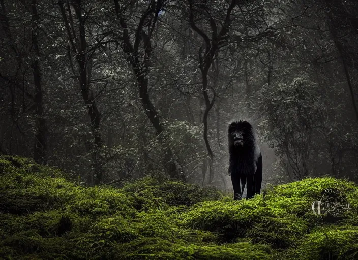 Prompt: professional wildlife photograph of a black lion standing in a foggy misty black dark jungle at night, surrounded by dense dark trees at night, moss, ferns, cinematic lighting, apex predator, natgeo