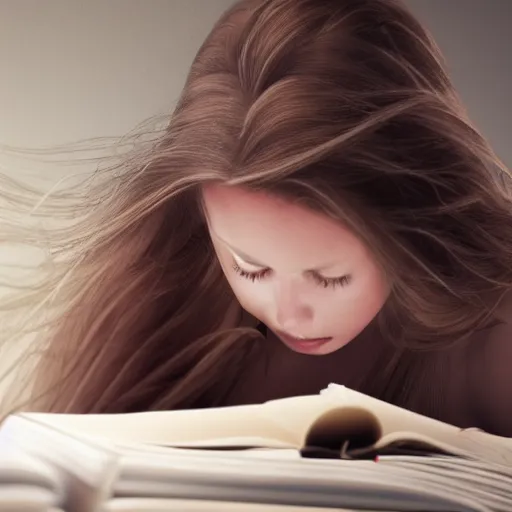 Image similar to a girl reading book, hair flowing down, high resolution, 4K, photo realistic