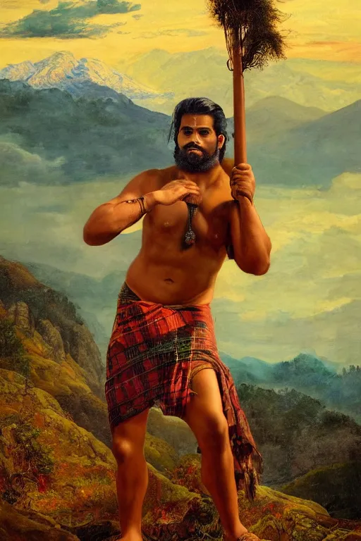 Prompt: an ethereal dramatic epic beautiful painting of a shirtless handsome beefy desi man | he is wearing a green plaid kilt and cowboy hat, and holding a walking stick | background is mountains and clouds | dramatic lighting, golden hour, homoerotic | by mark maggiori, by walter crane | trending on artstation