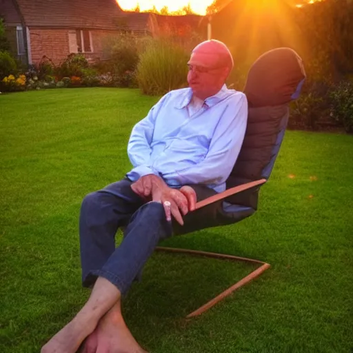 Image similar to My dad is smoking weed and have good time being gracefully relaxed in the garden, sunset lighting