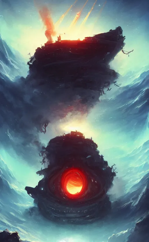 Prompt: a beautiful illustration of a black hole devouring a pirate ship in a galactic nebula, art of greg rutkowski and magali villeneuve and artgerm, featured on artstation, vertical orientation