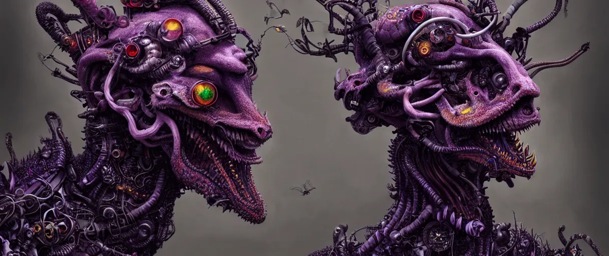 Image similar to hyperrealistic hyper detailed neo-surreal 35mm portrait of cyborg dragon covered in gothic flowers matte painting concept art hannah yata dali very dramatic dark purple lighting low angle hd 8k sharp shallow depth of field