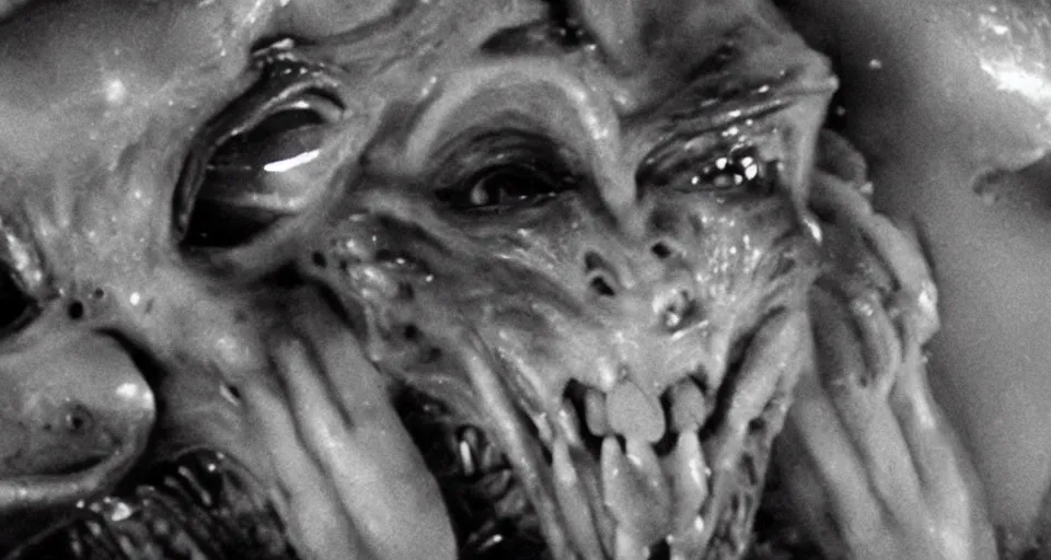 Image similar to Horror film, cinematic tones. Scene where an alien attacks a woman. Alien open his mouth wide