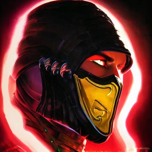 Prompt: a dark and colorful close - up side profile portrait of a mortal kombat chraracter with led lights glowing fog in the background. highly detailed science fiction painting by norman rockwell, frank frazetta, and syd mead. rich colors, high contrast, gloomy atmosphere, dark background. trending on artstation