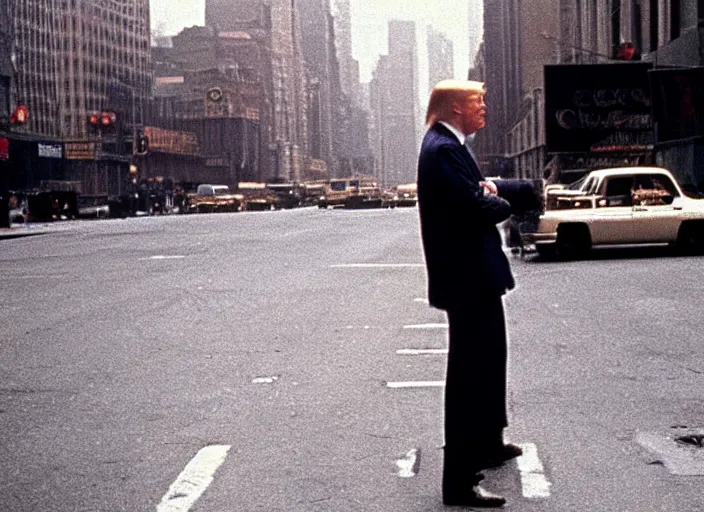 Image similar to screenshot wide shot from moody scene of Donald Trump pensive in New York streets from the film Taxi Driver 1976 directed by Martin Scorcese, kodak film stock, anamorphic lens, 4K, detailed, stunning cinematography and composition, 70mm