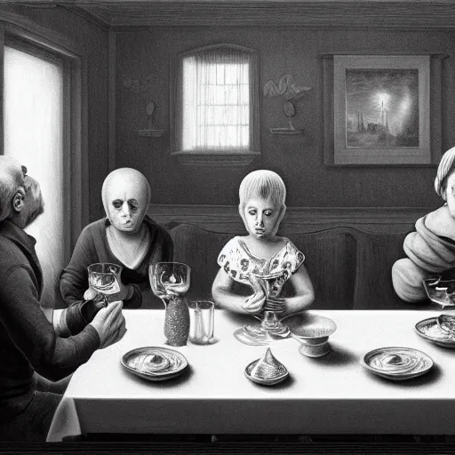 Prompt: a magnificent masterpiece artwork depicting a sad family at a dinner table, by laurie lipton, trending on artstation, cinematic, highly detailed, 8 k,