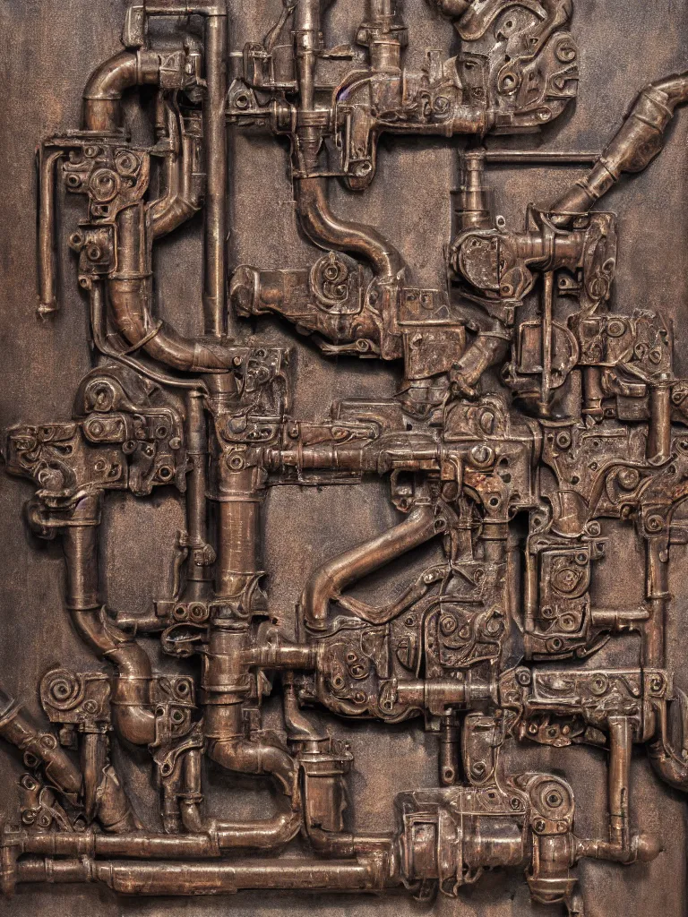 Prompt: relief sculpture carving in rusted steel of machine guns, industrial pipes, valves, steam, dramatic lighting, hyperrealistic, ultrarealistic, intricate details, 4k