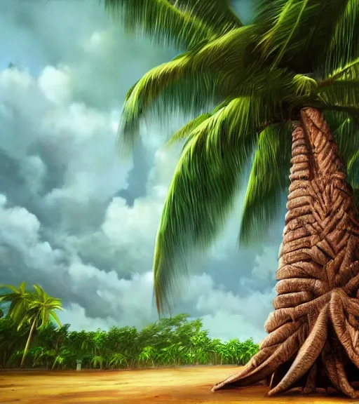 Image similar to coconut tree exposed to radiation and became monster coconut tree. realism art, high detailed, fine art, trending on artstation, smooth draw, perfect lightning, sharp focus.