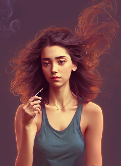 Prompt: handsome young women with shoulder length brown hair, smoking weed, smoke, half body shot, path traced, highly detailed, high quality, digital painting, alena aenami, lilia alvarado, shinji aramaki, karol bak, alphonse mucha, tom bagshaw