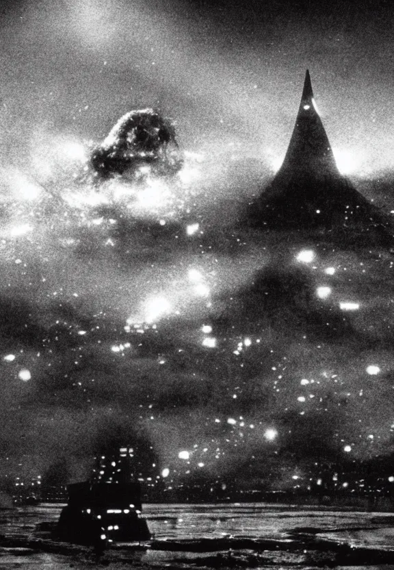 Image similar to Pulgasari the North Korean starfish monster destroying Pyongyang city, volumetric lighting, filmstill, produced by Kim Jong-il, Kodachrome, kaiju-eiga, monster movie, communist propaganda, film noir, 35mm film grain, Cooke Varotal 20-100mm T3.1, monochrome, in the style of Ishirō Honda and Akira Kurosawa