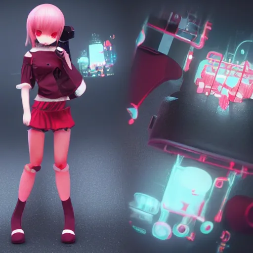 Image similar to cute fumo plush of a girl with prosthetic mechanical arms, red velvet, bokeh, cyberpunk anime girl, vray