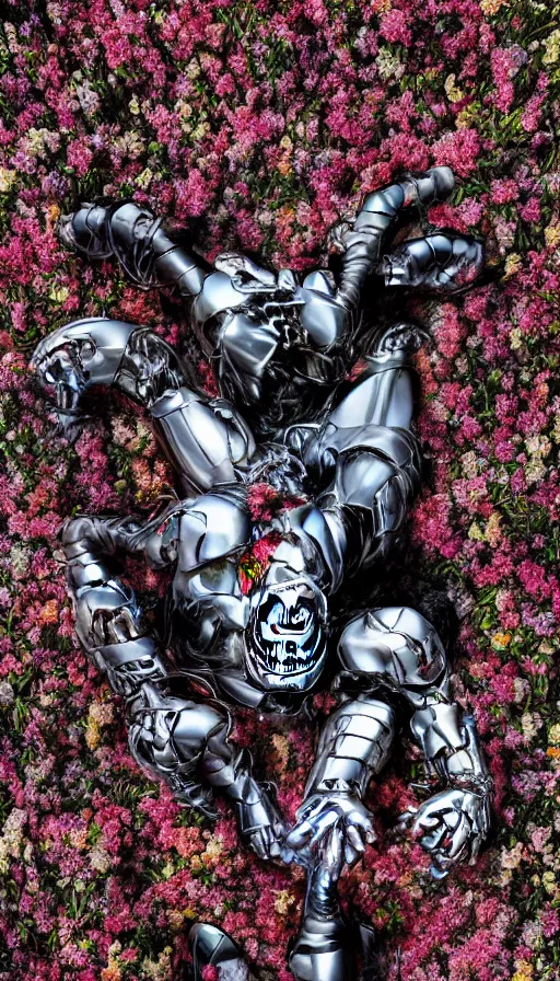 Image similar to destroyed terminator lying in a field of flowers, twisted, chrome, reflections, anthropomorphic, photorealism, smoke, 8 k, wires, smooth, sharp focus, top view, extremely detailed, hyperrealism, elegant, establishing shot, by jeff koons, artgerm and greg rutkowski