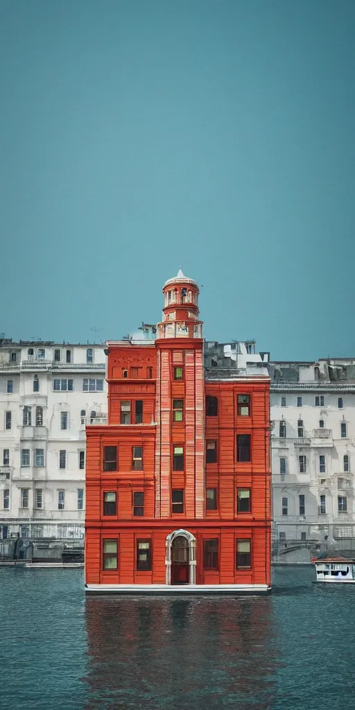 Image similar to wes anderson style beautiful floating building