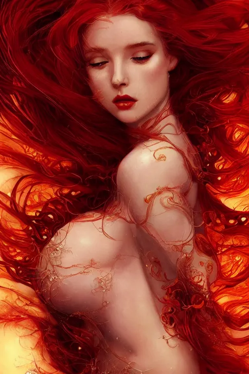 Prompt: a beautiful young woman with red hair, fantasy, intricate, elegant, dramatic lighting, beautiful woman, gorgeous face, sexy gown, highly detailed, lifelike, photorealistic, digital painting, artstation, illustration, concept art, smooth, sharp focus, art by John Collier and Albert Aublet and Krenz Cushart and Artem Demura and Alphonse Mucha