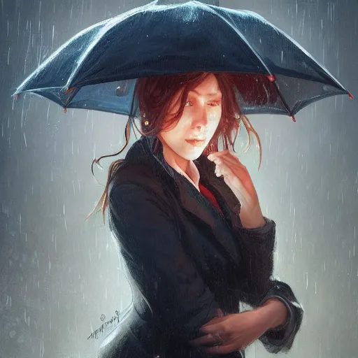 Prompt: portrait of a young woman holding an umbrella, raining, at night, looking sad, intricate, headshot, highly detailed, digital painting, artstation, concept art, sharp focus, cinematic lighting, illustration, art by artgerm and greg rutkowski, alphonse mucha, cgsociety