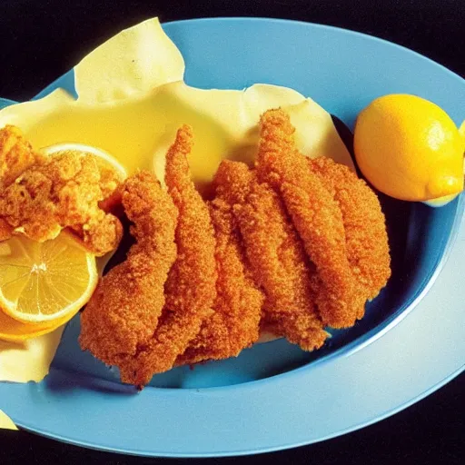 Prompt: 1980s Fast Food commercial photograph of a dish made with lemons, crispy chicken, fried pickles and jalepenos, Lemon sauce dripping over it