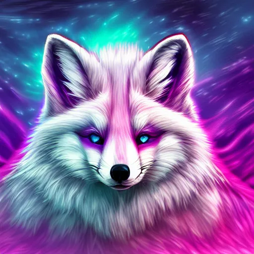 Prompt: digital purple and white and purple fox, retrowave palette, digital world, highly detailed, electric breeze, anatomically correct vulpine, synth feel, fluffy face, ear floof, flowing fur, super realism, accurate animal imagery, 4 k digital art