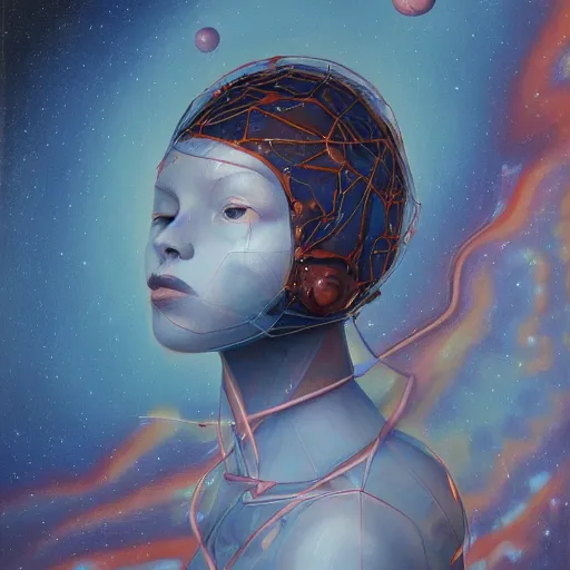 Image similar to oil painting of a humanoid lady lost in space, james jean