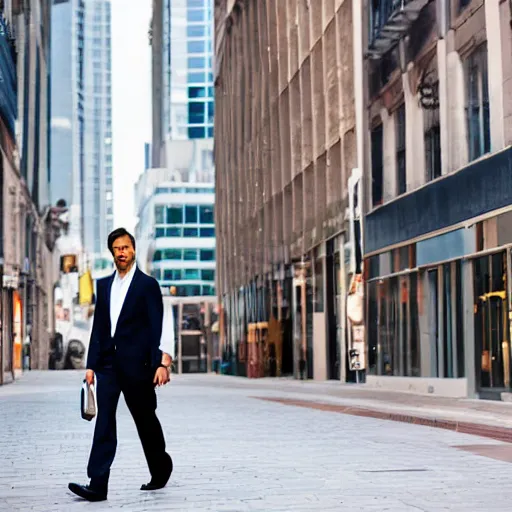 Image similar to portrait photograph of a very tall, elegantly dressed businessman walking through the city