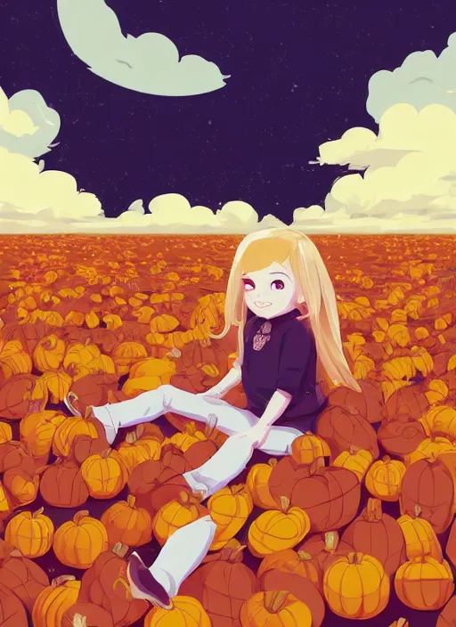 Image similar to little girl with long blonde hair sitting on a pile of pumpkins. clean cel shaded vector art. shutterstock. behance hd by lois van baarle, artgerm, helen huang, by makoto shinkai and ilya kuvshinov, rossdraws, illustration, art by ilya kuvshinov