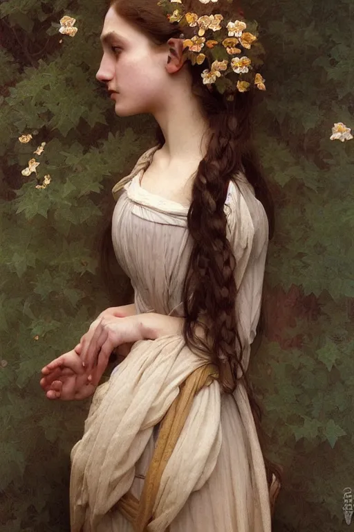 Image similar to Portrait of beautiful pale peasant girl, cinematic lighting, intricate, elegant, highly detailed, digital painting, artstation, smooth, sharp focus, illustration, art by artgerm and greg rutkowski and alphonse mucha and Wayne Barlowe and william-adolphe bouguereau