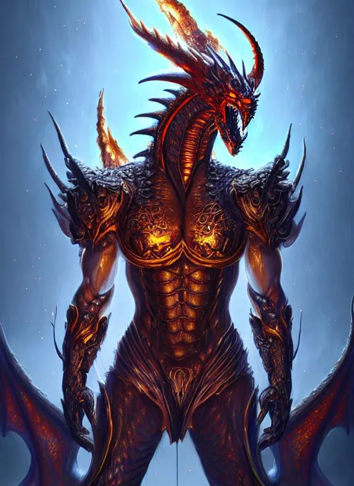 Image similar to muscular and tall ghostly fire humanoid dragon!!!! draconian!! intricate ornate iridescent heavy armor!! character concept art, sharp focus, octane render! unreal engine 5! highly rendered!! trending on artstation!! detailed linework!! illustration by artgerm, wlop, and chie yoshii