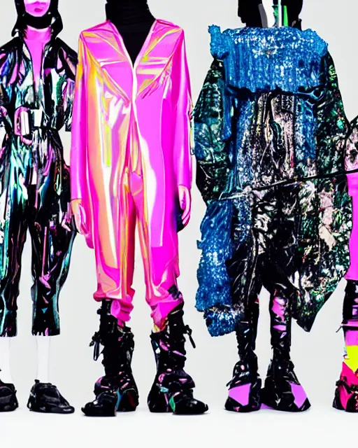 Image similar to a leaked screenshot of Balenciaga's fall 2049 collection, prismatic, dazzle camouflage!, dayglo pink, dayglo blue, Bladerunner, cyberpunk