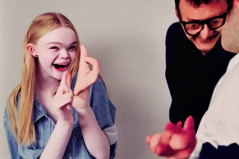 Prompt: photo of elle fanning pointing and laughing at some incel loser that makes repeated photos of her on stable diffusion because he's a sick loser. polaroid. terry richardson.