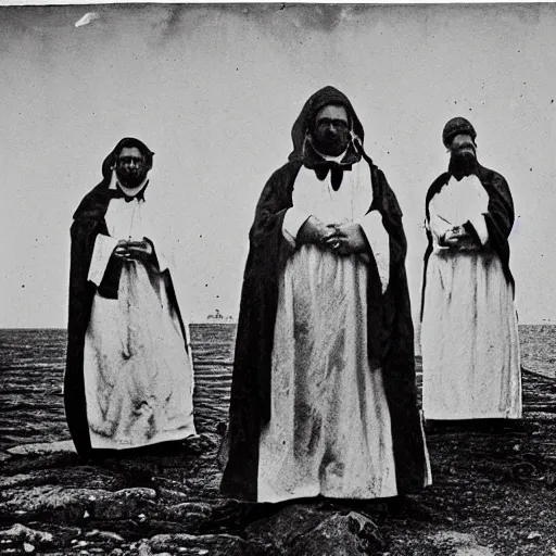 Prompt: worshippers dressed in robes belonging to the cult of the lighthouse. Dilapidated 1800s lighthouse. 1800s photo. Very detailed and clear image.