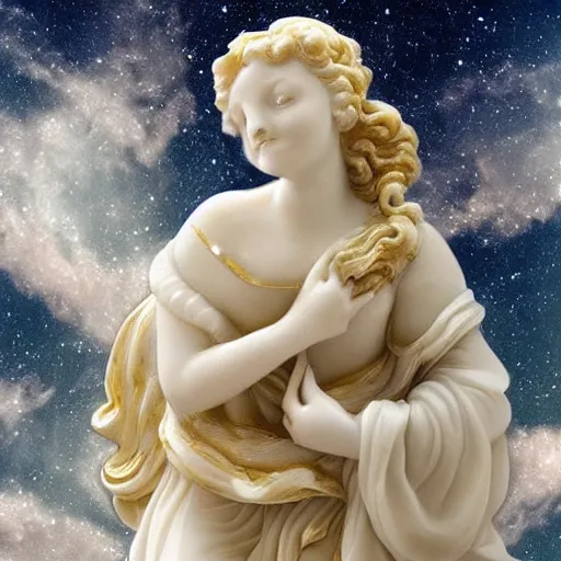 Prompt: beautiful gracious baroque pale woman marble and gold in space, stars, clouds