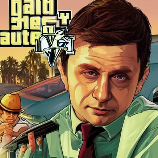 Prompt: “Zelensky in GTA V, cover art by Stephen Bliss, Boxart, loadscreen”