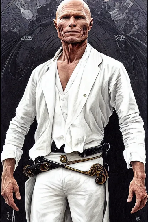 Image similar to ed harris as the man in black, westworld, wearing an all white outfit in the style of art by artgerm and greg rutkowski and alphonse mucha