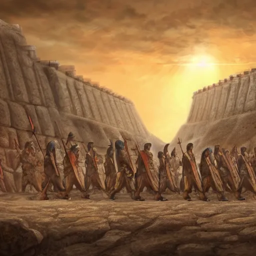 Image similar to Matte painting of a row of men in Biblical outfits marching in front of the walls of Jericho. People are standing on the walls looking down at them. sunrise, epic, cinematic lighting, detailed digital art trending in artstation