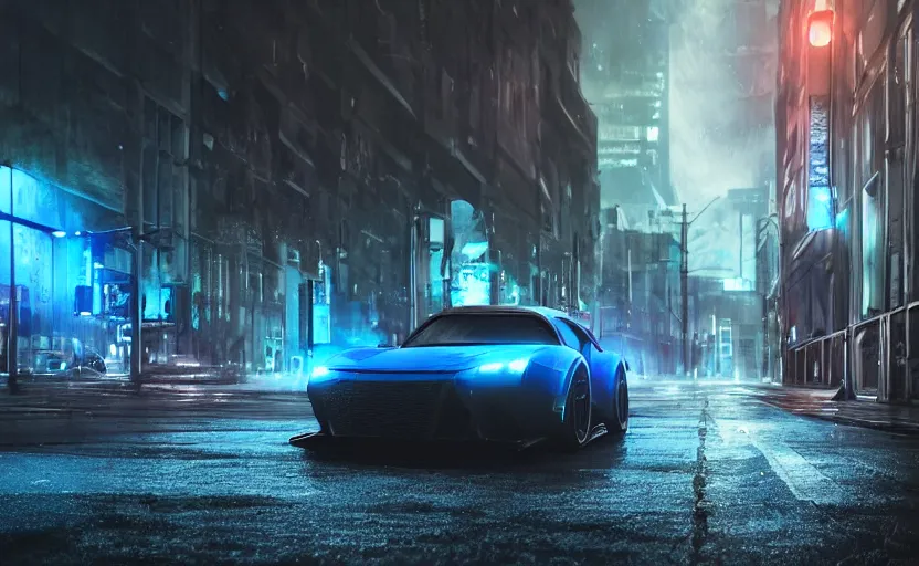 Image similar to a sport vehicle in the streets at night whit blue headlights on by Khyzyl Saleem, night time, stormy wheater, atmospheric, artstaion, concept art, illustration, sharp focus, high detail, octane render, cyberpunk, game