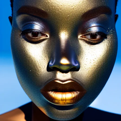 Image similar to portrait of metallic face, african woman, mercury, reflections, smooth texture, liquid metal, proud, looking away, outdoor, blue sky, 8 k, realistic, depth of field, highly detailed, award winning photography