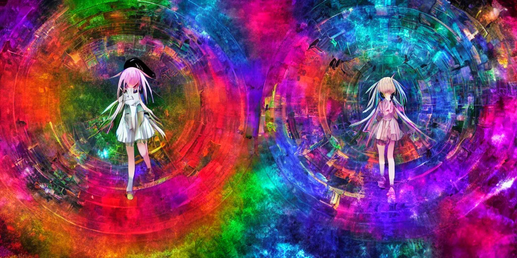 Prompt: Dreamy psychedelic anime, extremely colorful, geometric, Madoka witch labyrinth, patchwork, photoshop, HDR, 4k, 8k, abstract, two anime girls standing within two raging colorful vortexes