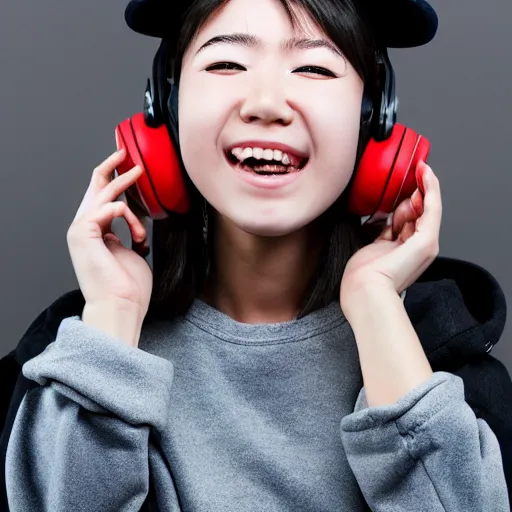 Prompt: wonderful young japanese girl with a mixer playing music, with headphones in her ears, with a sweatshirt with a cap with techno letters, with a vinyl in her hand, in a dark industrial park, realistic mouth, high definition, detailed and symmetrical face, detailed and realistic hands, expressive eyes, 4 k, bright color, epic digital art