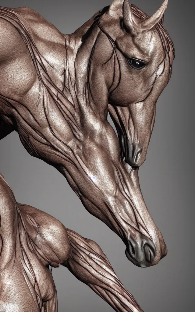 Prompt: intricated scientific medical 3d animation of the muscles and veins of a centaur horse plastic rim light detailed in mud 3d octane render