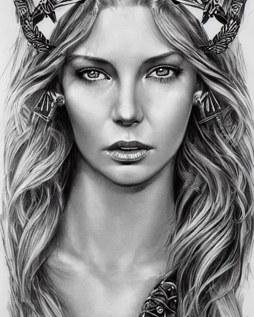 Prompt: tattoo sketch of beautiful jennifer hawkins as aphrodite the greek goddess wearing a laurel wreath and arrowhead earrings, beautiful piercing eyes with small pupils, sexy look, beautiful blonde hair, hyper realistic face, in the style of greg rutkowski, fantasy, amazing detail, epic, elegant, smooth, sharp focus
