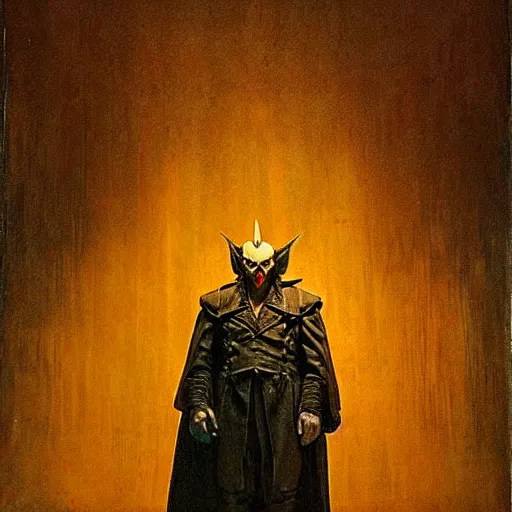 Prompt: studio portrait of mr sinister by rembrandt, pan's labyrinth movie still frame of vampiric mr sinister, mcu nathaniel essex mr sinister by wayne barlowe by caravaggio, 3 d fantasy character sculpture by beksinski