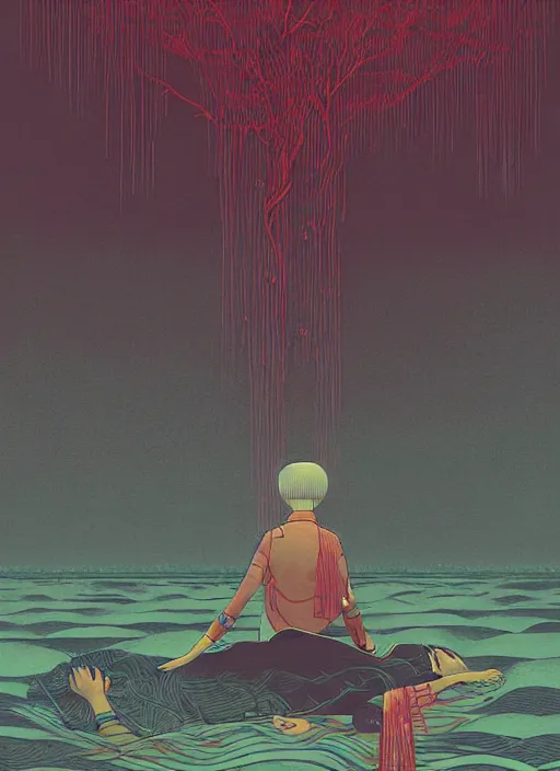 Image similar to nezha killed himself by the river, the storm by ilya kuvshinov and victo ngai