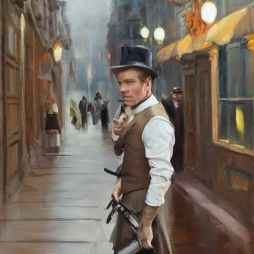 Image similar to we see ewan mcgregor from side. he is dressed as a gentleman at early 2 0 th century paris. atmospheric feeling, warm colours, brown colours, yellow colours, epic scene, cinematic, very detailed, oil painting