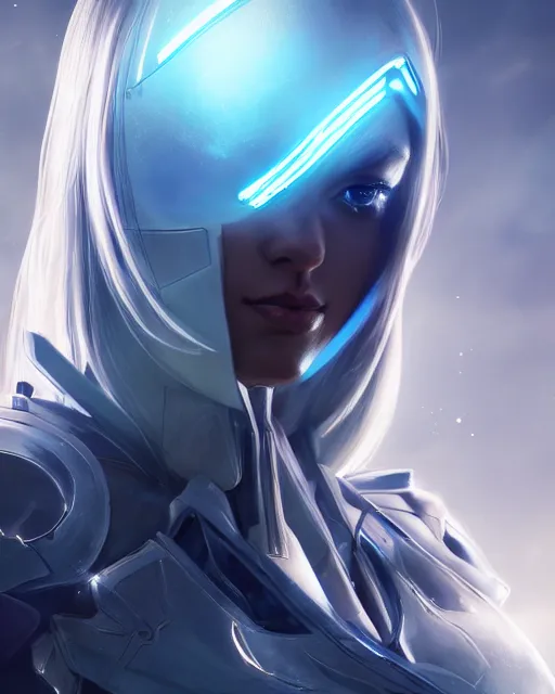 Image similar to perfect android girl on a mothership, warframe armor, beautiful face, scifi, futuristic, galaxy, nebula, raytracing, dreamy, long white hair, blue cyborg eyes, sharp focus, cinematic lighting, highly detailed, artstation, divine, by gauthier leblanc, kazuya takahashi, huifeng huang