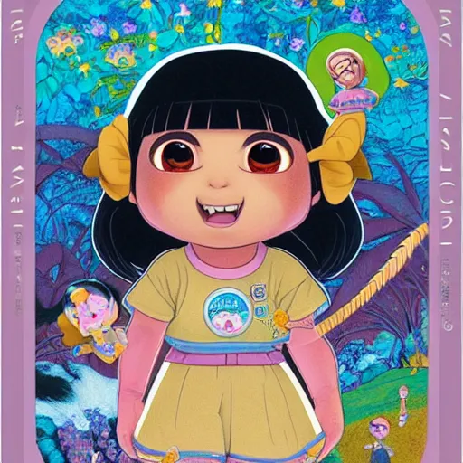 Image similar to portrait of dora the explorer as real girl in happy pose, detailed, intricate complex background, japanese Pop Surrealism, lowbrow art style, muted pastel colors, soft lighting, 50's looks by Mark Ryden,Yosuke Ueno,mucha,Hikari Shimoda, artstation cgsociety