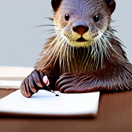 Prompt: a cute otter holding a pencil doing schoolwork