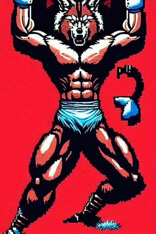 Image similar to extreme long shot. 8 bit nes graphics. antropomorphic muscular masculine wolf. kickboxer fighter, in shorts. wolf head. angry. fine details, very sharp, art from nes game cartridge, 8 0's, vhs artefacts, vaporwave style, marc simonetti and hermann nitsch and anish kapoor.