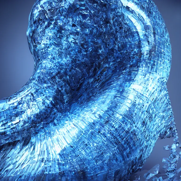 Image similar to octane render portrait by wayne barlow and carlo crivelli and glenn fabry, a giant crystal statue of a blue whale emerging from a hypnotic swirling whirplool of different colored liquid metal, cinema 4 d, ray traced lighting, very short depth of field, bokeh