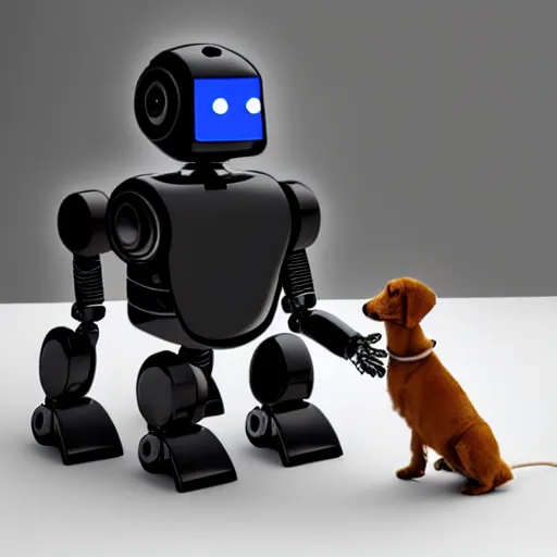 Image similar to robot with a human pet , award winning photograph , realistic , 4k , HD , focus